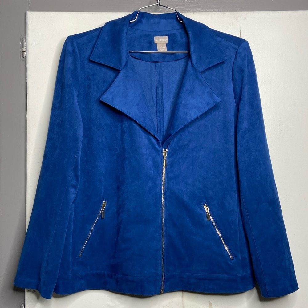 chicos women blue suede moto full zip jacket size 2